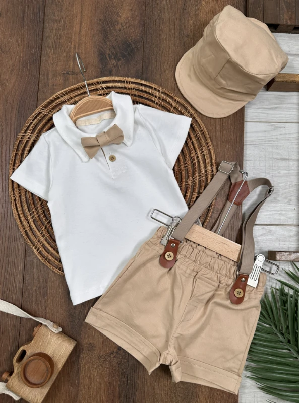 Askı Kemerli Kasket Şapkalı Papyonlu Şortlu Polo Yaka Yazlık Erkek Bebek Takım - SÜTLÜ KAHVE