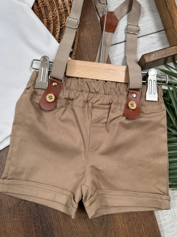 Askı Kemerli Kasket Şapkalı Papyonlu Şortlu Polo Yaka Yazlık Erkek Bebek Takım - SÜTLÜ KAHVE