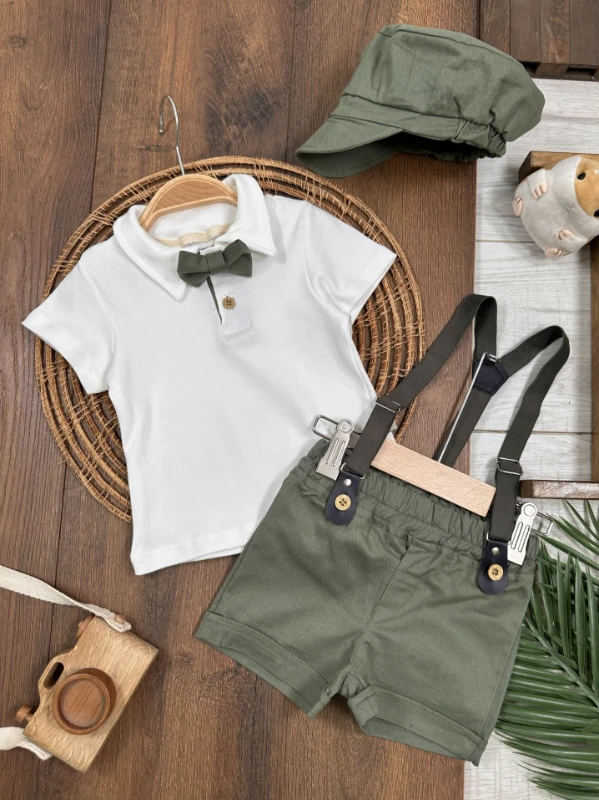Askı Kemerli Kasket Şapkalı Papyonlu Şortlu Polo Yaka Yazlık Erkek Bebek Takım - SÜTLÜ KAHVE
