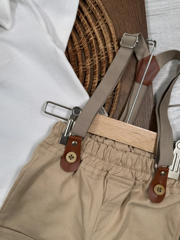 Askı Kemerli Kasket Şapkalı Papyonlu Şortlu Polo Yaka Yazlık Erkek Bebek Takım - SÜTLÜ KAHVE