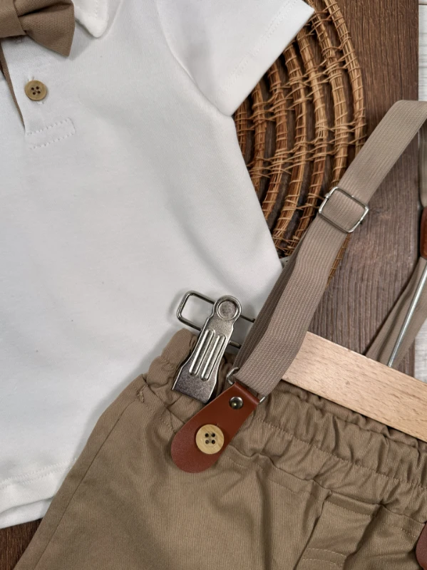 Askı Kemerli Kasket Şapkalı Papyonlu Şortlu Polo Yaka Yazlık Erkek Bebek Takım - SÜTLÜ KAHVE