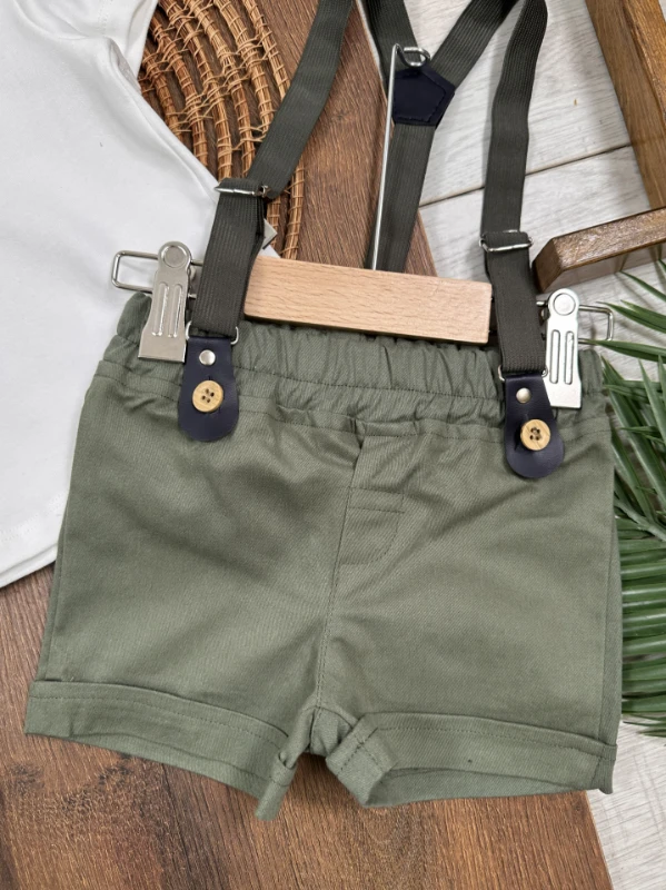 Askı Kemerli Kasket Şapkalı Papyonlu Şortlu Polo Yaka Yazlık Erkek Bebek Takım - SÜTLÜ KAHVE