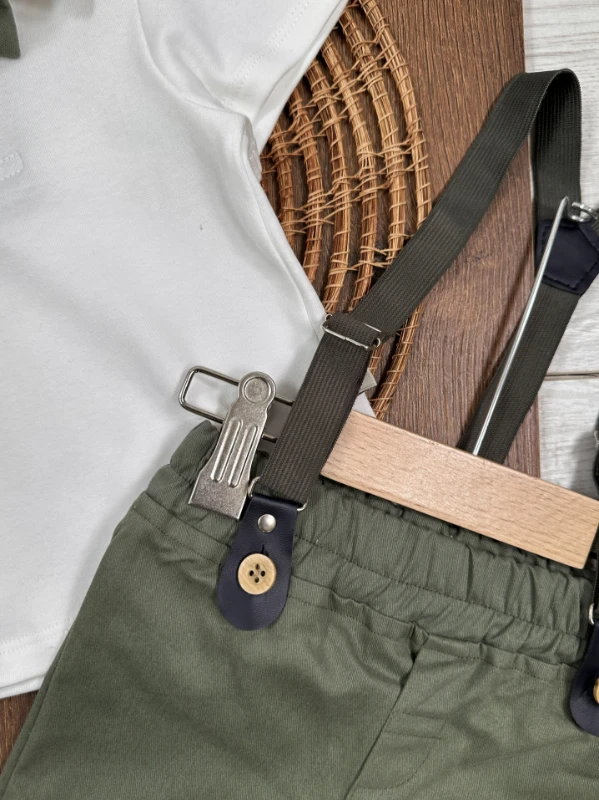 Askı Kemerli Kasket Şapkalı Papyonlu Şortlu Polo Yaka Yazlık Erkek Bebek Takım - SÜTLÜ KAHVE