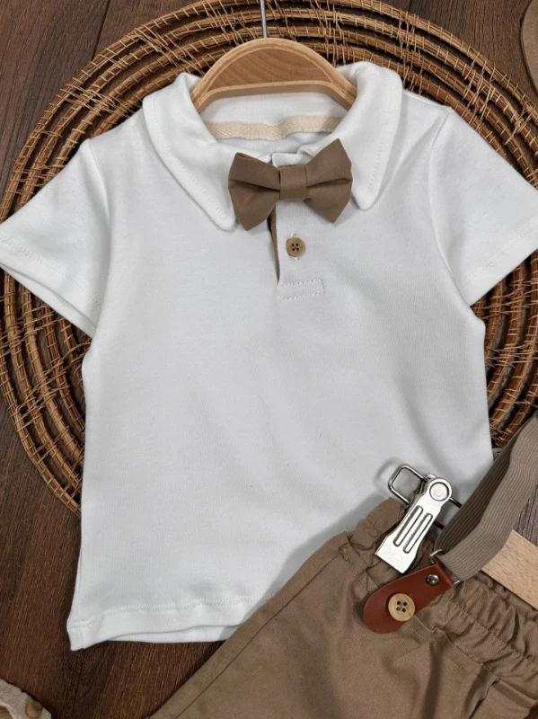 Askı Kemerli Kasket Şapkalı Papyonlu Şortlu Polo Yaka Yazlık Erkek Bebek Takım - SÜTLÜ KAHVE