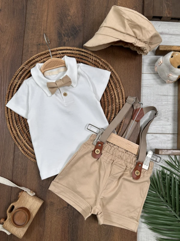 Askı Kemerli Kasket Şapkalı Papyonlu Şortlu Polo Yaka Yazlık Erkek Bebek Takım - SÜTLÜ KAHVE
