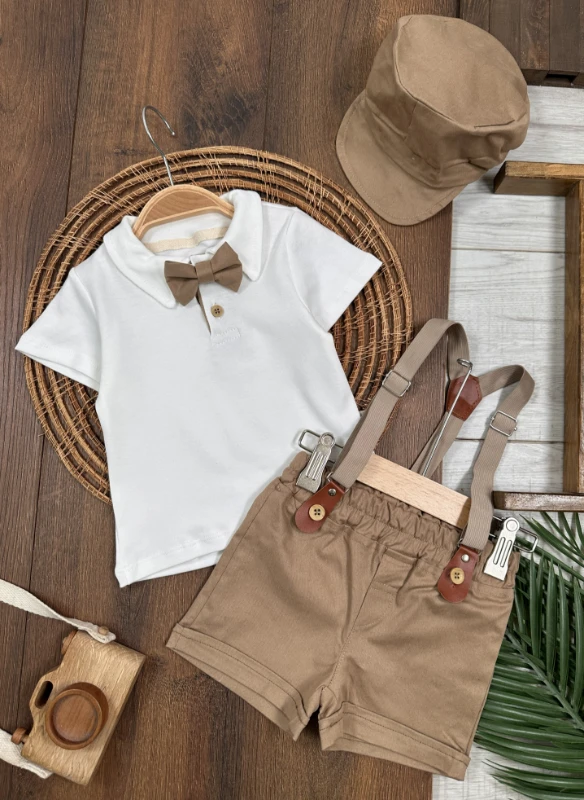 Askı Kemerli Kasket Şapkalı Papyonlu Şortlu Polo Yaka Yazlık Erkek Bebek Takım - SÜTLÜ KAHVE