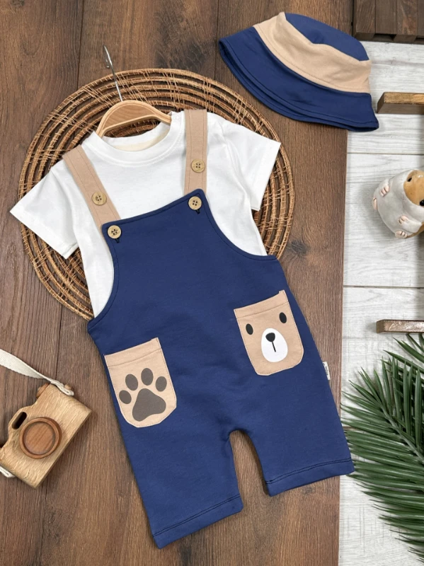 Salopet Aycık Pati Baskılı Safari Şapkalı Omuzdan Çıtçıtlı Badi Yazlık Erkek Bebek Takım - YEŞİL