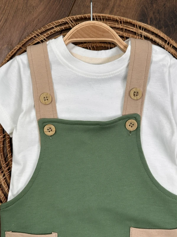 Salopet Aycık Pati Baskılı Safari Şapkalı Omuzdan Çıtçıtlı Badi Yazlık Erkek Bebek Takım - YEŞİL