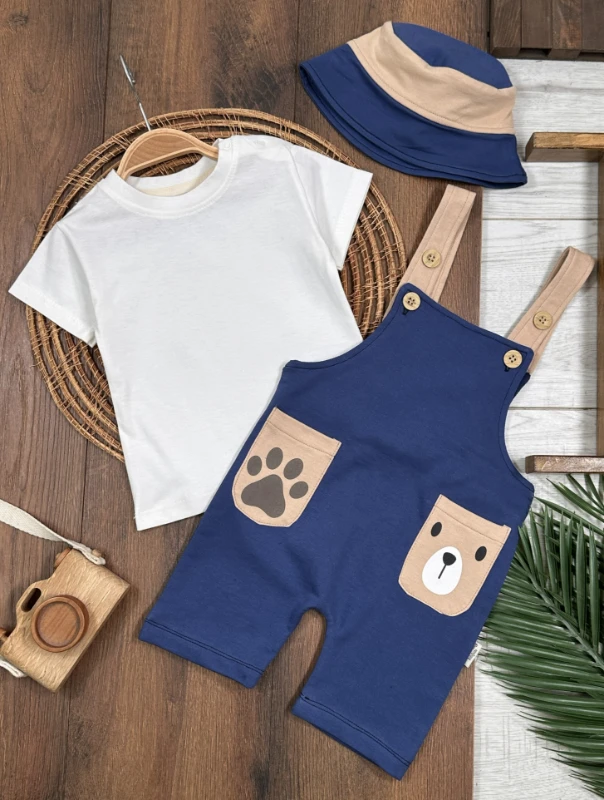 Salopet Aycık Pati Baskılı Safari Şapkalı Omuzdan Çıtçıtlı Badi Yazlık Erkek Bebek Takım - YEŞİL