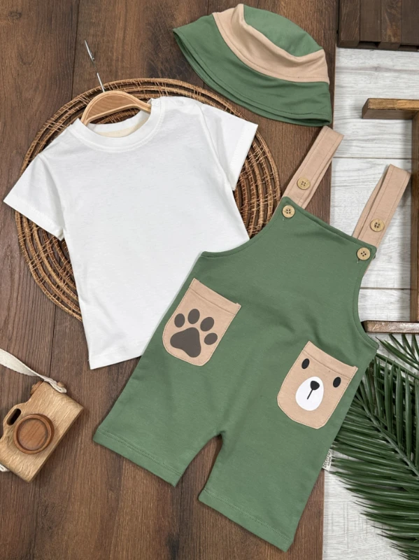Salopet Aycık Pati Baskılı Safari Şapkalı Omuzdan Çıtçıtlı Badi Yazlık Erkek Bebek Takım - YEŞİL