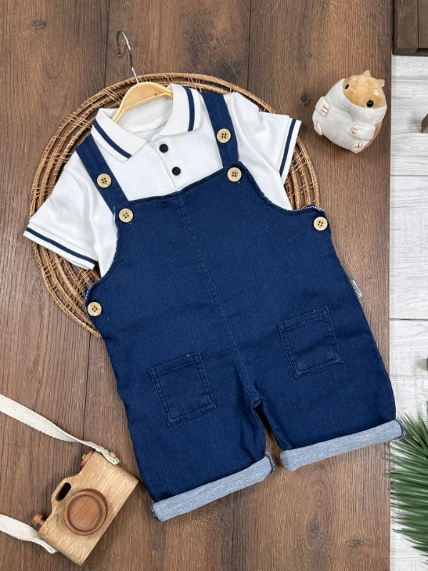 Salopet Likralı Kot Polo Yaka Sweatshirt Düğmeli Salopet Yazlık Erkek Bebek Takım - LACİVERT