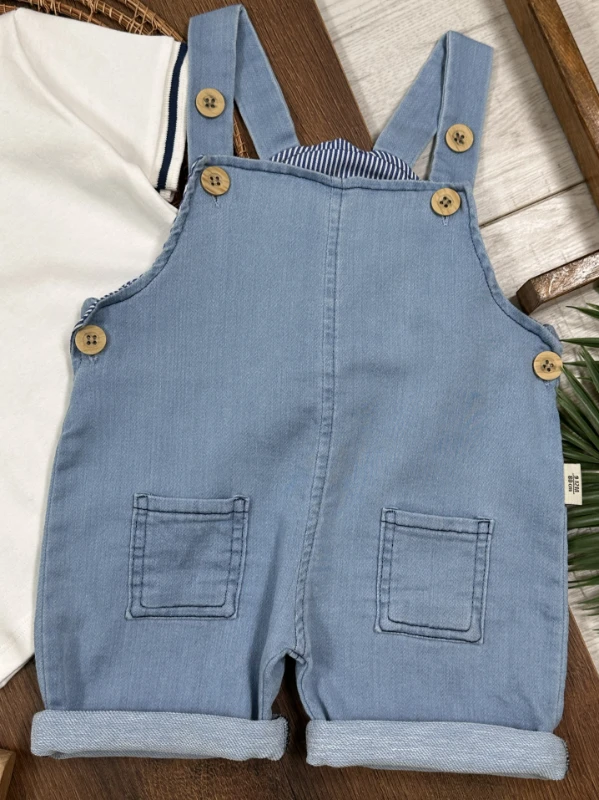 Salopet Likralı Kot Polo Yaka Sweatshirt Düğmeli Salopet Yazlık Erkek Bebek Takım - LACİVERT