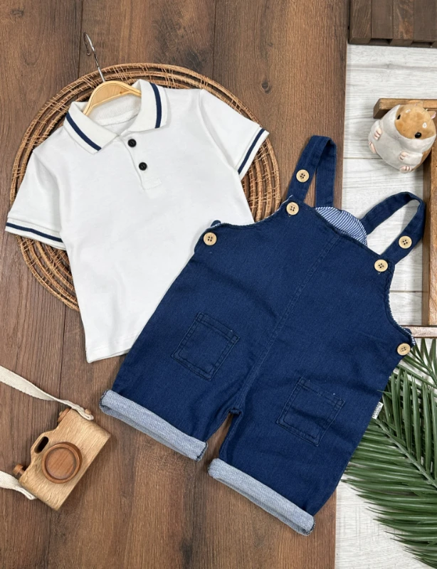 Salopet Likralı Kot Polo Yaka Sweatshirt Düğmeli Salopet Yazlık Erkek Bebek Takım - LACİVERT
