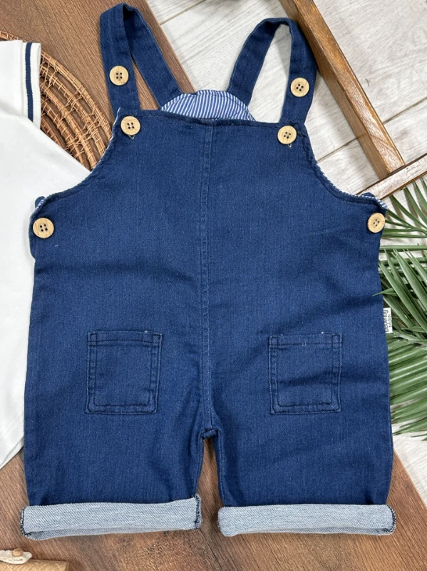 Salopet Likralı Kot Polo Yaka Sweatshirt Düğmeli Salopet Yazlık Erkek Bebek Takım - LACİVERT