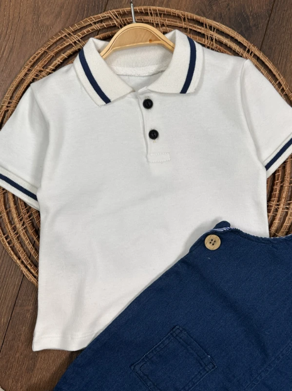 Salopet Likralı Kot Polo Yaka Sweatshirt Düğmeli Salopet Yazlık Erkek Bebek Takım - LACİVERT