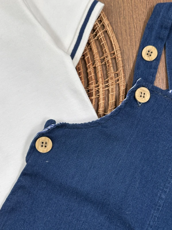 Salopet Likralı Kot Polo Yaka Sweatshirt Düğmeli Salopet Yazlık Erkek Bebek Takım - LACİVERT