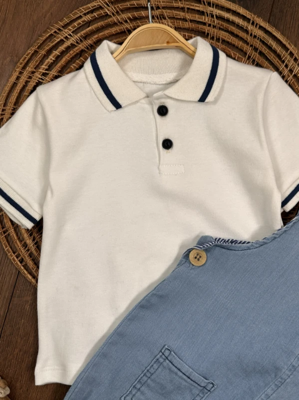 Salopet Likralı Kot Polo Yaka Sweatshirt Düğmeli Salopet Yazlık Erkek Bebek Takım - LACİVERT