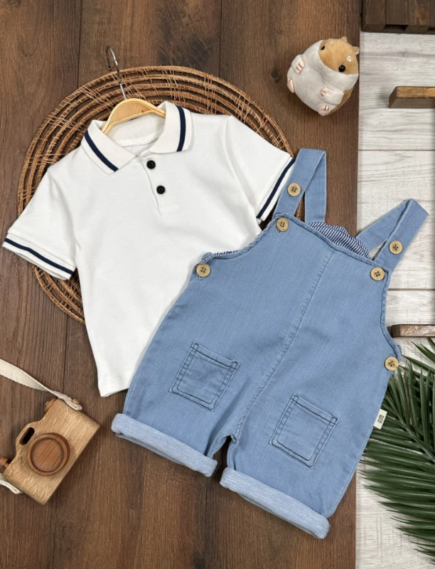 Salopet Likralı Kot Polo Yaka Sweatshirt Düğmeli Salopet Yazlık Erkek Bebek Takım - LACİVERT