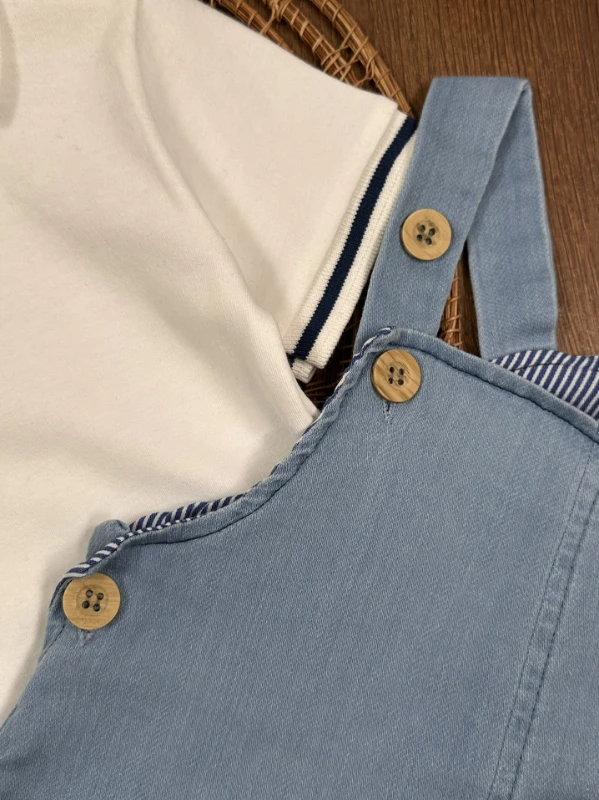 Salopet Likralı Kot Polo Yaka Sweatshirt Düğmeli Salopet Yazlık Erkek Bebek Takım - LACİVERT
