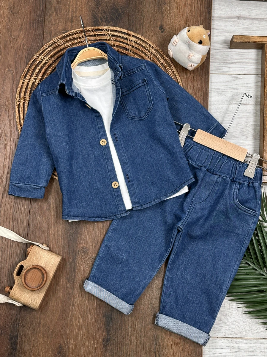 Likralı Kot Önden Düğmeli Kısa Kol Badili 3lü Kot Erkek Bebek/Çocuk Takım - İNDİGO