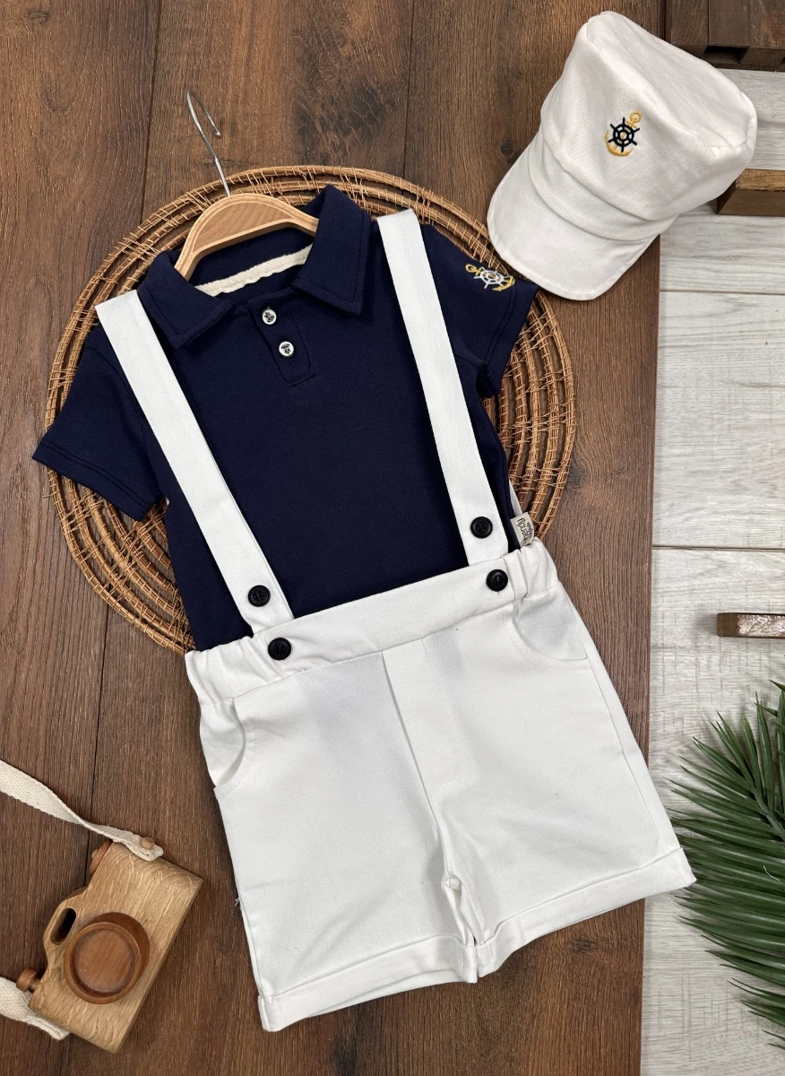 Denizci Polo Yaka Şapkalı Çapa Nakışlı Keten Likralı Salopet Yazlık Erkek Bebek-Çocuk Takım - LACİVERT