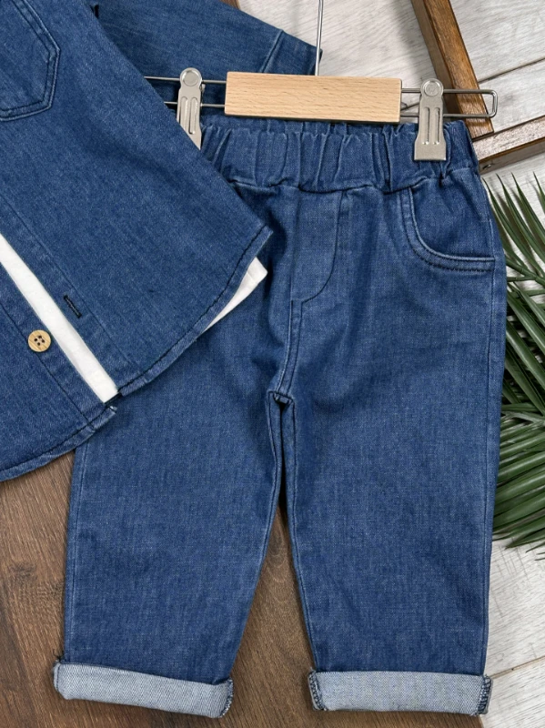 Likralı Kot Önden Düğmeli Kısa Kol Badili 3lü Kot Erkek Bebek/Çocuk Takım - İNDİGO