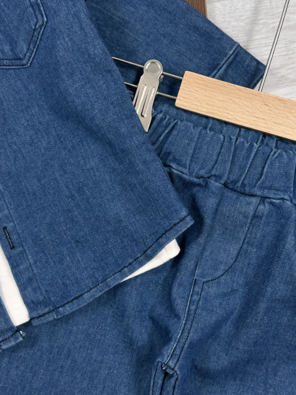 Likralı Kot Önden Düğmeli Kısa Kol Badili 3lü Kot Erkek Bebek/Çocuk Takım - İNDİGO