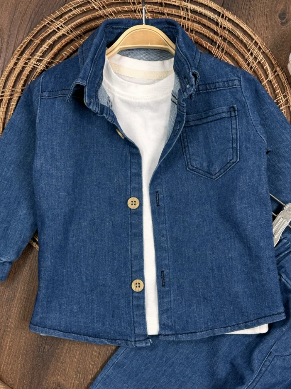 Likralı Kot Önden Düğmeli Kısa Kol Badili 3lü Kot Erkek Bebek/Çocuk Takım - İNDİGO