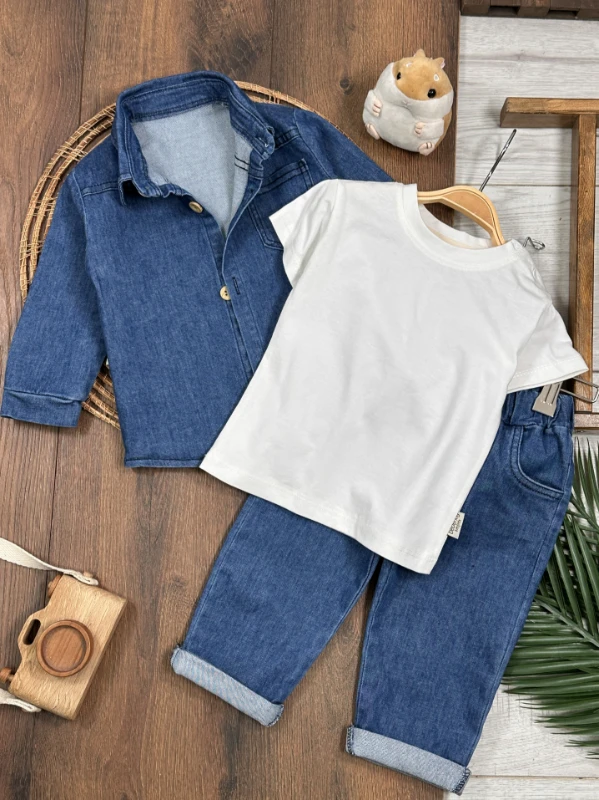 Likralı Kot Önden Düğmeli Kısa Kol Badili 3lü Kot Erkek Bebek/Çocuk Takım - İNDİGO