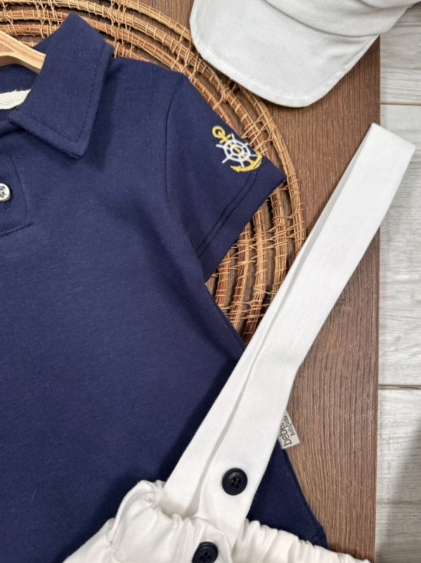 Denizci Polo Yaka Şapkalı Çapa Nakışlı Keten Likralı Salopet Yazlık Erkek Bebek-Çocuk Takım - LACİVERT