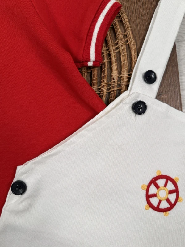 Polo Yaka Likralı Dümen Nakışlı Düğmeli  Keten Salopet Yazlık Erkek Bebek-Çocuk Takım - LACİVERT