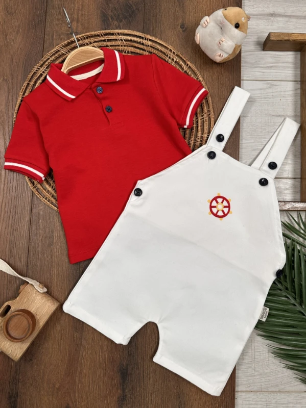 Polo Yaka Likralı Dümen Nakışlı Düğmeli  Keten Salopet Yazlık Erkek Bebek-Çocuk Takım - LACİVERT