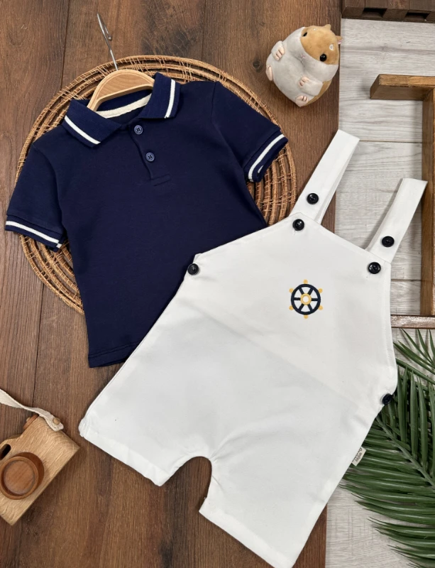 Polo Yaka Likralı Dümen Nakışlı Düğmeli  Keten Salopet Yazlık Erkek Bebek-Çocuk Takım - LACİVERT