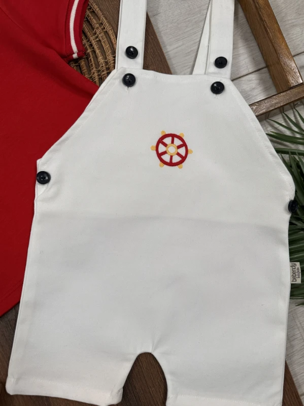 Polo Yaka Likralı Dümen Nakışlı Düğmeli  Keten Salopet Yazlık Erkek Bebek-Çocuk Takım - LACİVERT