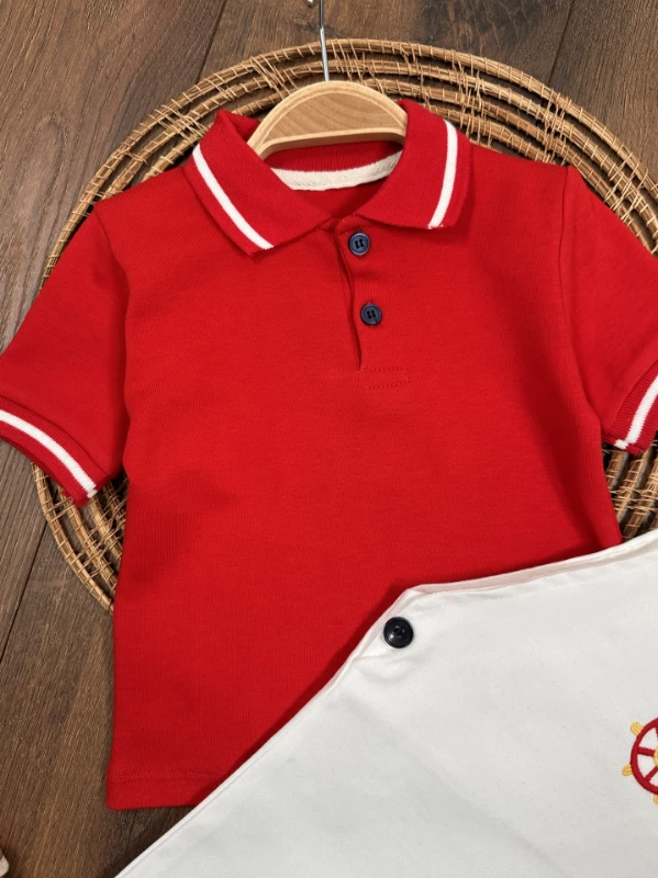 Polo Yaka Likralı Dümen Nakışlı Düğmeli  Keten Salopet Yazlık Erkek Bebek-Çocuk Takım - LACİVERT