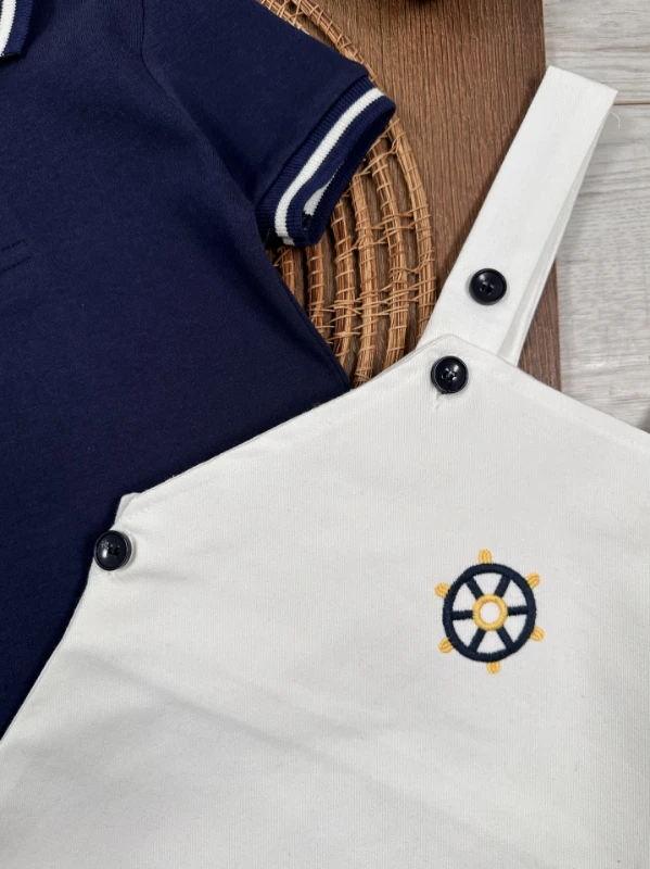 Polo Yaka Likralı Dümen Nakışlı Düğmeli  Keten Salopet Yazlık Erkek Bebek-Çocuk Takım - LACİVERT