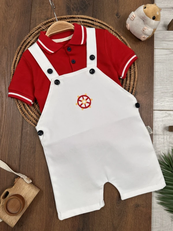 Polo Yaka Likralı Dümen Nakışlı Düğmeli  Keten Salopet Yazlık Erkek Bebek-Çocuk Takım - LACİVERT