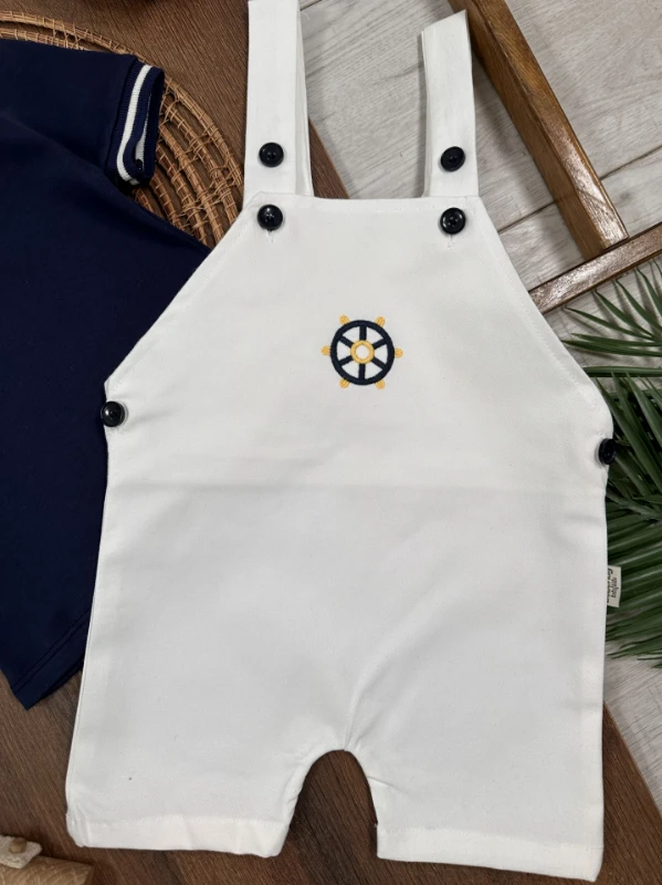 Polo Yaka Likralı Dümen Nakışlı Düğmeli  Keten Salopet Yazlık Erkek Bebek-Çocuk Takım - LACİVERT