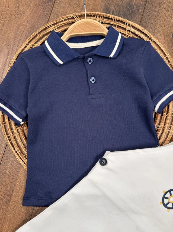 Polo Yaka Likralı Dümen Nakışlı Düğmeli  Keten Salopet Yazlık Erkek Bebek-Çocuk Takım - LACİVERT