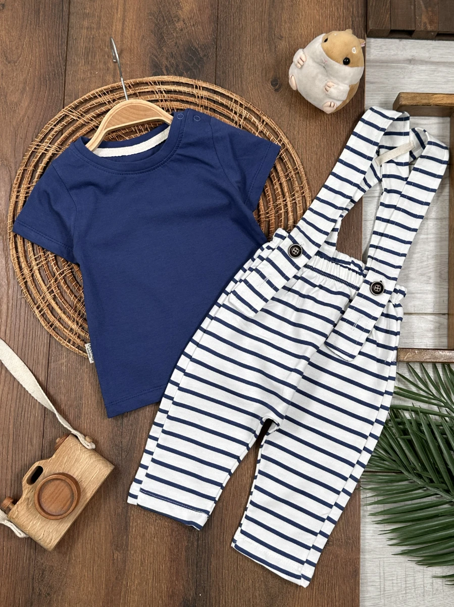 Salopet Çizgili Omuzdan Çıtçıtlı Yazlık Erkek Bebek Takım - LACİVERT