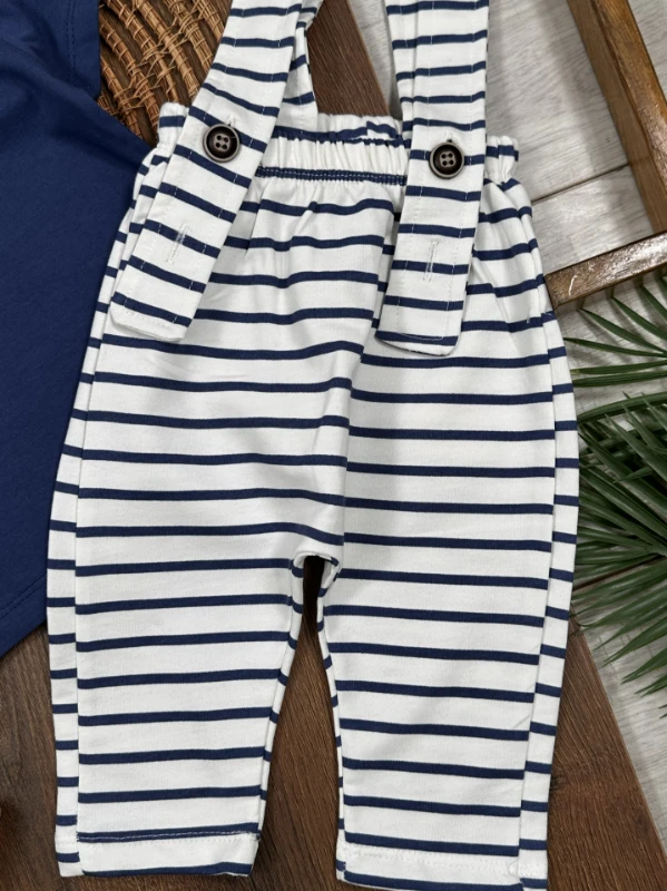 Salopet Çizgili Omuzdan Çıtçıtlı Yazlık Erkek Bebek Takım - KAHVE