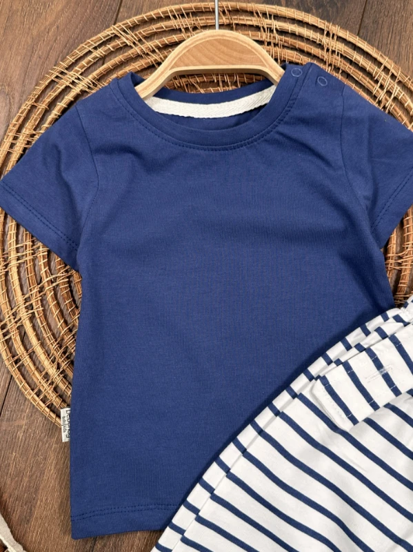 Salopet Çizgili Omuzdan Çıtçıtlı Yazlık Erkek Bebek Takım - KAHVE