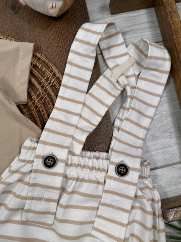 Salopet Çizgili Omuzdan Çıtçıtlı Yazlık Erkek Bebek Takım - KAHVE