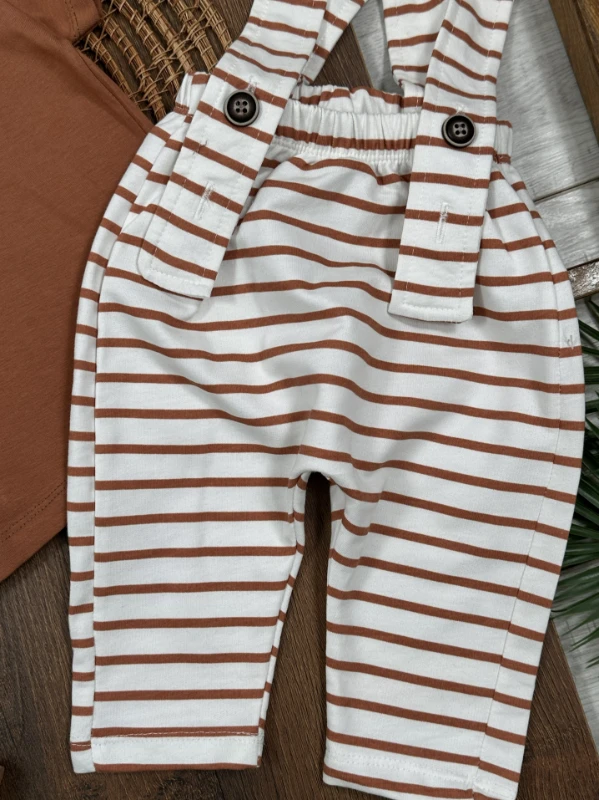 Salopet Çizgili Omuzdan Çıtçıtlı Yazlık Erkek Bebek Takım - KAHVE