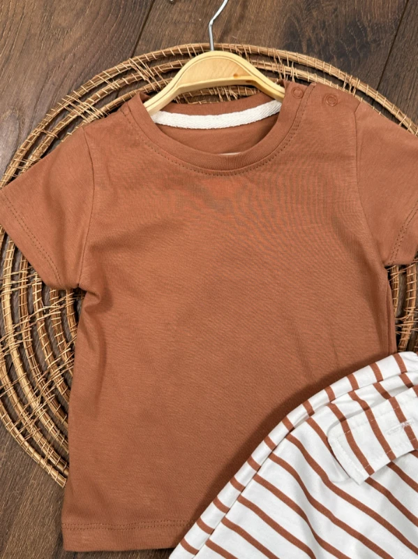 Salopet Çizgili Omuzdan Çıtçıtlı Yazlık Erkek Bebek Takım - KAHVE