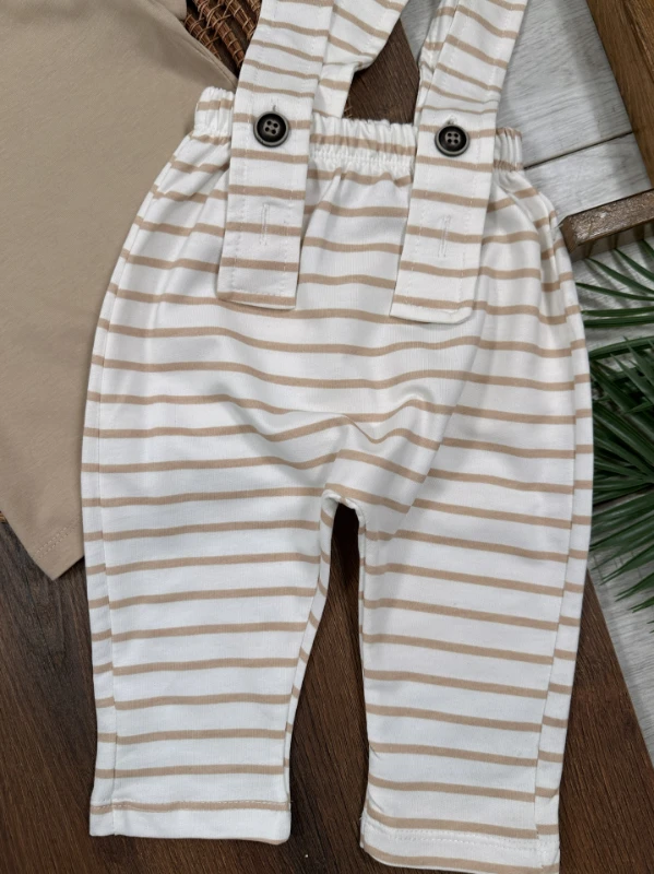 Salopet Çizgili Omuzdan Çıtçıtlı Yazlık Erkek Bebek Takım - KAHVE