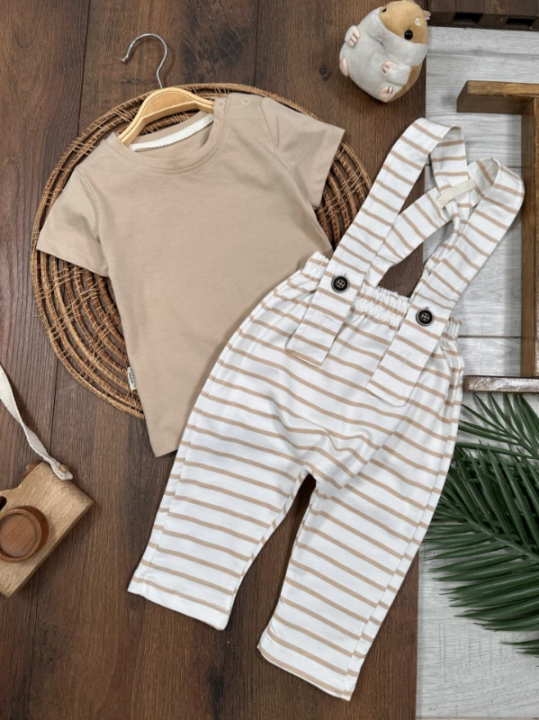 Salopet Çizgili Omuzdan Çıtçıtlı Yazlık Erkek Bebek Takım - KAHVE
