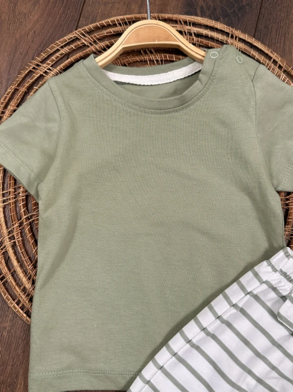 Salopet Çizgili Omuzdan Çıtçıtlı Yazlık Erkek Bebek Takım - KAHVE