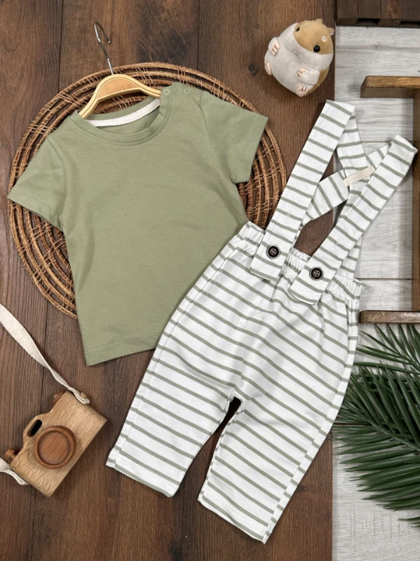 Salopet Çizgili Omuzdan Çıtçıtlı Yazlık Erkek Bebek Takım - KAHVE