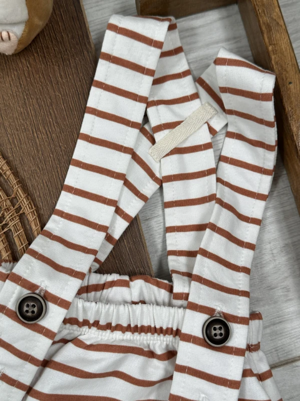 Salopet Çizgili Omuzdan Çıtçıtlı Yazlık Erkek Bebek Takım - KAHVE